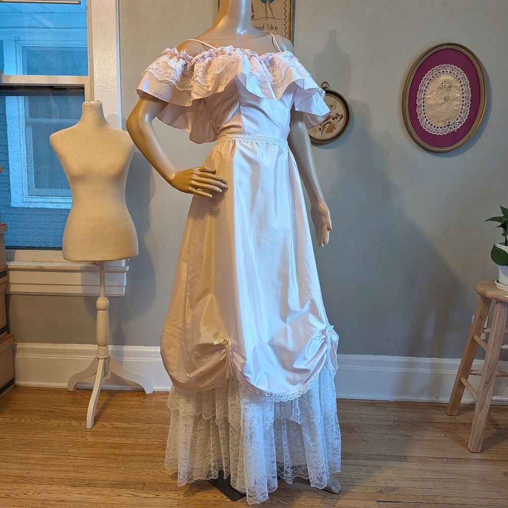 Vintage 80s Dance Allure Pink Gown Southern Belle Princess Dress Lace Size XS